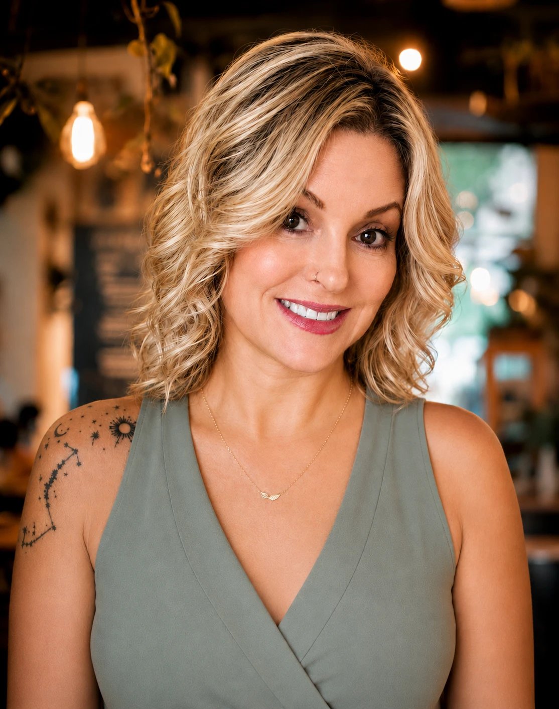 Melissa Leline, Licensed Massage Therapist, smiling in a warmly lit room, her constellation tattoo on her shoulder