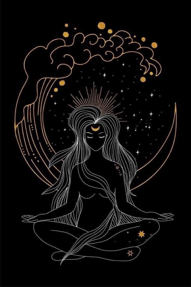 Celestial line illustration of a figure in meditation beneath the moon